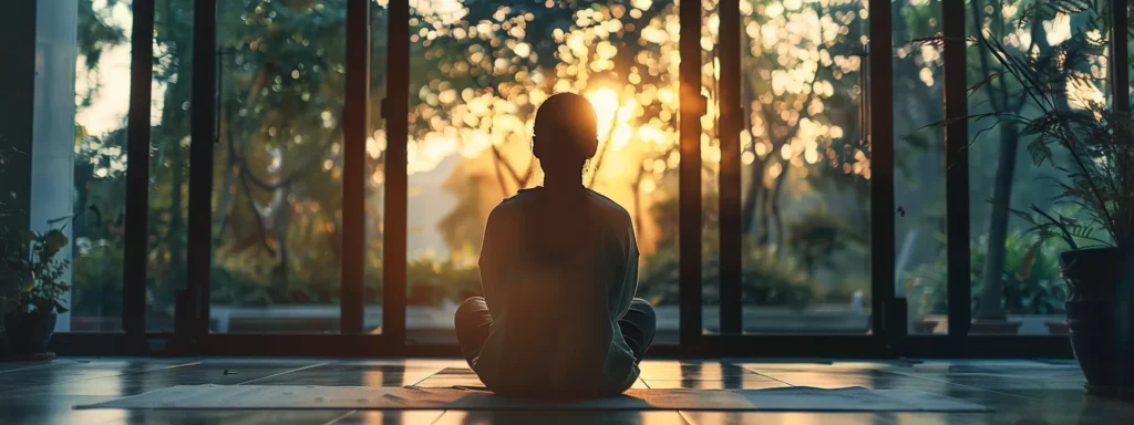 a person sitting in a peaceful and serene environment, looking introspective and contemplative.