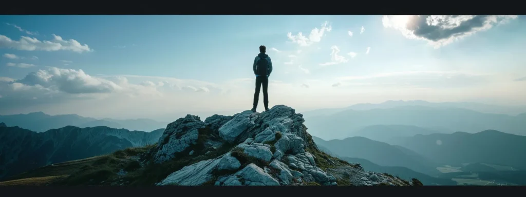 a person looking confident and determined while standing on top of a mountain.