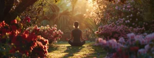 a person meditating in a peaceful garden surrounded by blooming flowers.