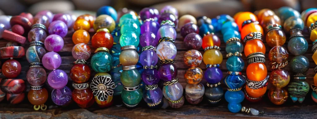 a collection of colorful gemstone bracelets adorned with unique charms.