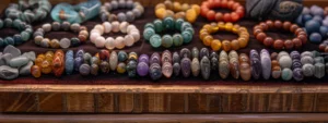 a display of various natural gemstone bracelets on a velvet tray.