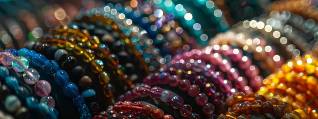 a display of colorful gemstone bracelets from brazil, shining under soft lighting.