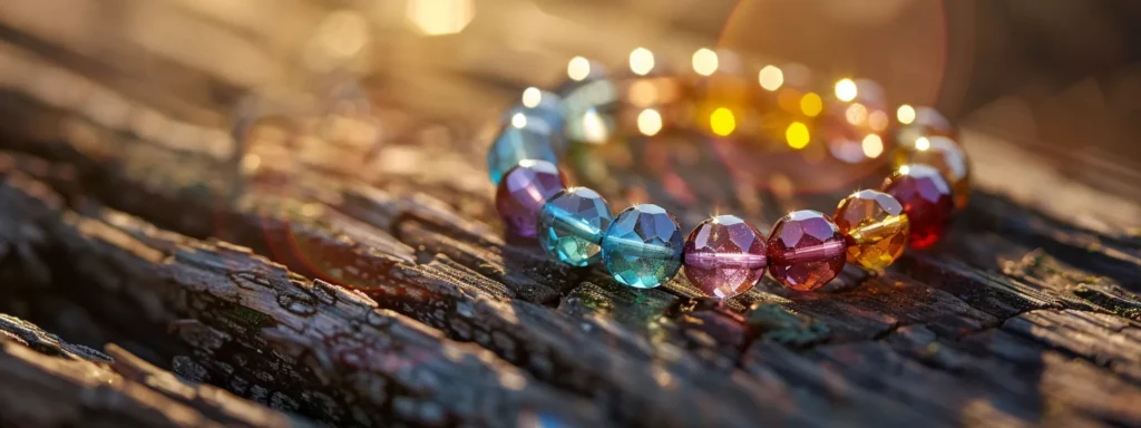 a close-up of a vibrant, multi-colored gemstone bracelet resting on a rough wooden surface.