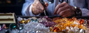 a gemologist examining a variety of tools used for identifying natural gemstones.