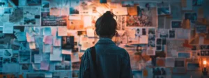 person standing in front of a vision board filled with inspirational images and words.