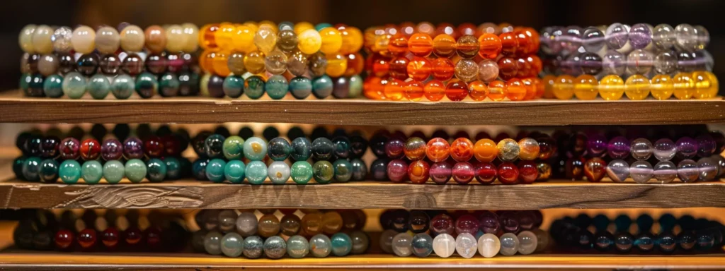 a collection of colorful gemstone bracelets arranged on a wooden display stand.