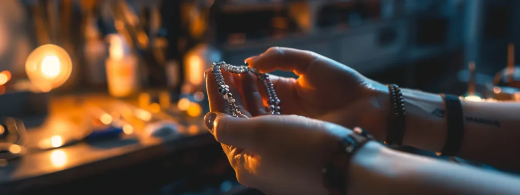 close-up of a hand holding a small gemstone bracelet with small tools nearby.