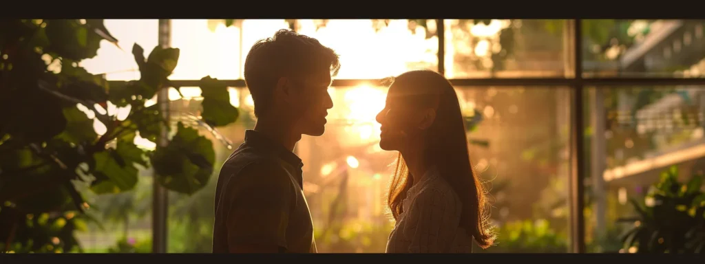 two people standing facing each other in a peaceful setting, engaging in deep conversation and connection.