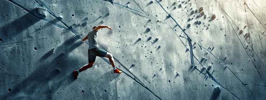 a determined athlete breaking through a wall of doubt, reaching a victorious peak.