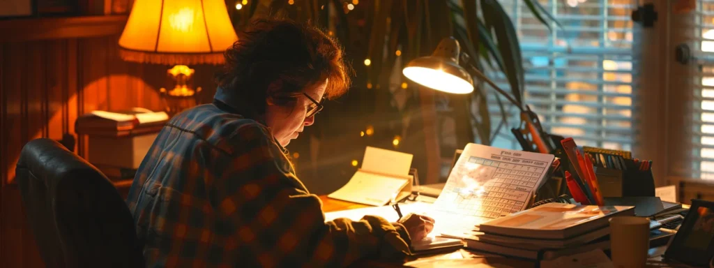 a focused individual diligently working at a clutter-free desk with a calendar and checklist, showing determination and productivity in overcoming procrastination.