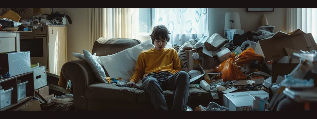 a person sitting on a couch, surrounded by clutter and unfinished tasks, looking overwhelmed and stressed.