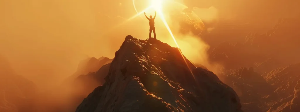 a person standing triumphantly on top of a mountain, reaching out towards the bright sun.