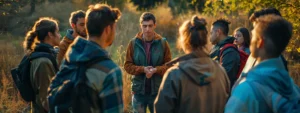 a group of people standing in a circle, eyes closed, hands clasped, surrounded by serene nature, during an advanced psych-k training program.