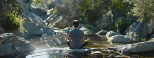 a person practicing heartmath exercises surrounded by a serene, nature-inspired setting.