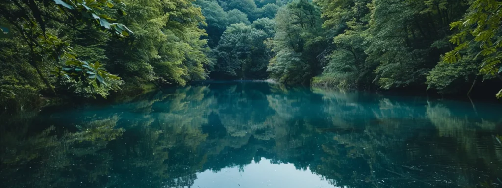 a serene lake reflecting a clear blue sky, surrounded by lush green trees, embodies the principles of psych-k in nature.