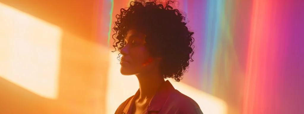 a woman standing confidently in a beam of colorful light during a psych-k session.