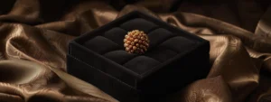 a black velvet jewelry box lined with gold satin, holding a radiant thirteen mukhi rudraksha bead at its center.