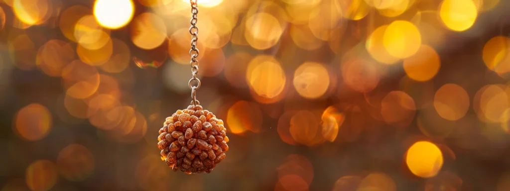 a close-up of a rare and luminescent twenty one mukhi rudraksha suspended from a delicate silver chain.