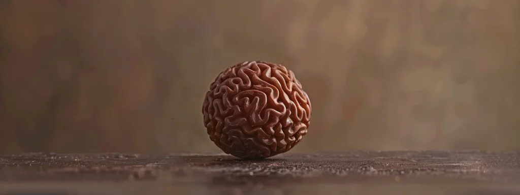 a close-up shot of a rich brown nine mukhi rudraksha bead, with intricate natural markings and a smooth, polished texture, set against a neutral background.