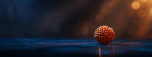 a close-up of a shimmering, single-faced rudraksha seed, radiating a mystical aura, set against a dark, contrasting background.