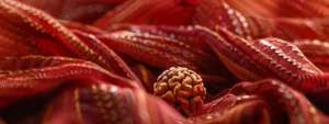 a close-up of a rare and gleaming eighteen mukhi rudraksha bead resting on a bed of traditional red cloth, showcasing its intricate details and authenticity.