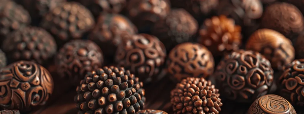 a close-up photo showcasing the intricate textures and patterns of different rudraksha mukhi types, highlighting their unique characteristics.