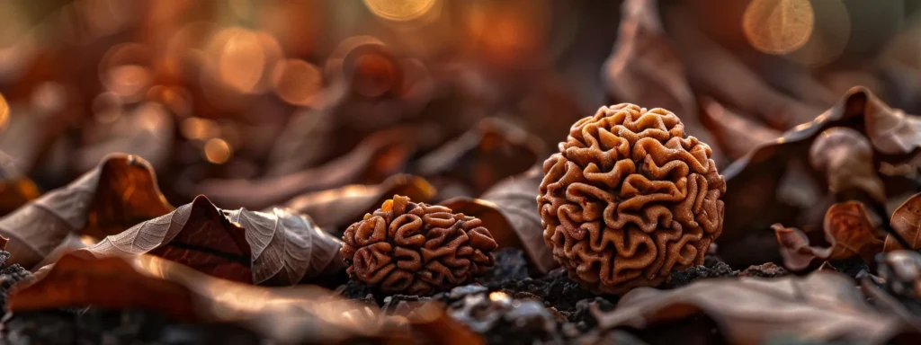 a close-up shot of a rare, intricate twenty mukhi rudraksha bead, showcasing its unique texture and natural beauty.