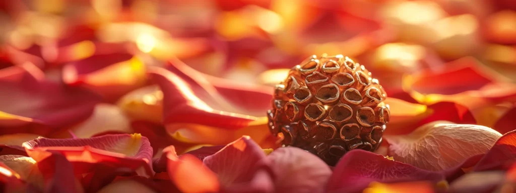 a close-up shot of a shimmering twelve mukhi rudraksha bead resting on a bed of fresh rose petals, emitting a serene and powerful energy.