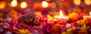 a close-up of a shimmering three-faced rudraksha bead on a bed of colorful petals, surrounded by flickering candlelight.