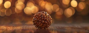 a close-up shot of a shimmering twelve mukhi rudraksha bead, showcasing its intricate patterns and natural beauty.