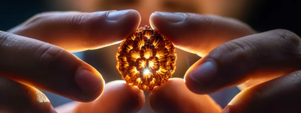 a close-up photo of an intricately patterned eleven mukhi rudraksha bead being examined under a bright light for authenticity.