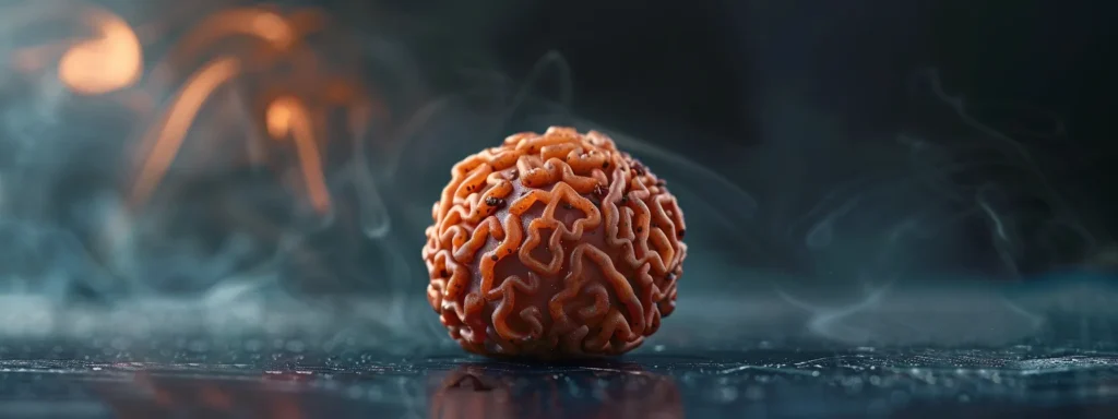 a close-up photo of a large, lustrous twelve mukhi rudraksha bead with distinct twelve natural lines, on a dark, textured background.