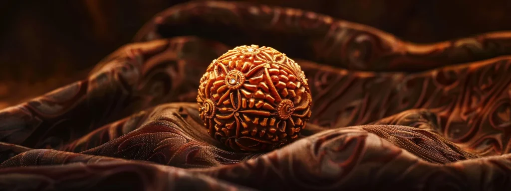 a gleaming, golden ten mukhi rudraksha adorned with intricate carvings, set against a dark velvet backdrop.