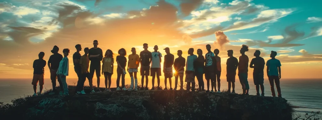 a group of diverse individuals standing together on a cliff overlooking a vast, open expanse, symbolizing unlocking their full potential with advanced psych-k workshops.