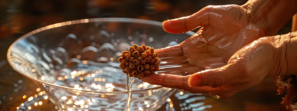 a pair of delicate hands gently washing a gleaming ten mukhi rudraksha bead in a clear bowl of purified water.