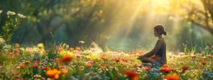 a peaceful individual sitting cross-legged in a sunlit meadow, eyes closed, surrounded by blooming wildflowers and a serene aura of tranquility.