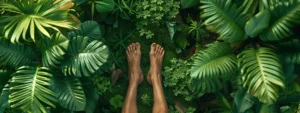 a person meditating barefoot on a patch of earth surrounded by vibrant green plants.