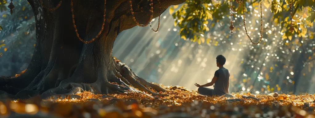 a person meditating under a serene tree draped with five mukhi rudraksha beads, radiating a sense of peace and spiritual power.