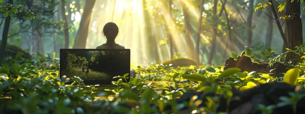 a person sitting peacefully in a serene forest setting, surrounded by vibrant greenery and sunlight filtering through the leaves, with a heart rate variability monitor displayed in front.