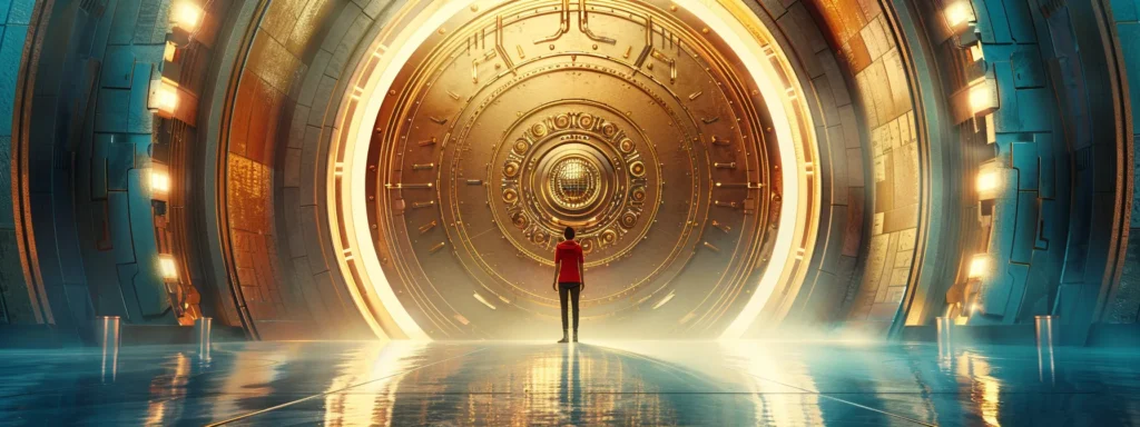 a person standing confidently in front of a large, golden vault door, symbolizing abundance and financial success.