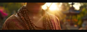 a person wearing a three mukhi rudraksha necklace in front of a serene, sunlit temple.