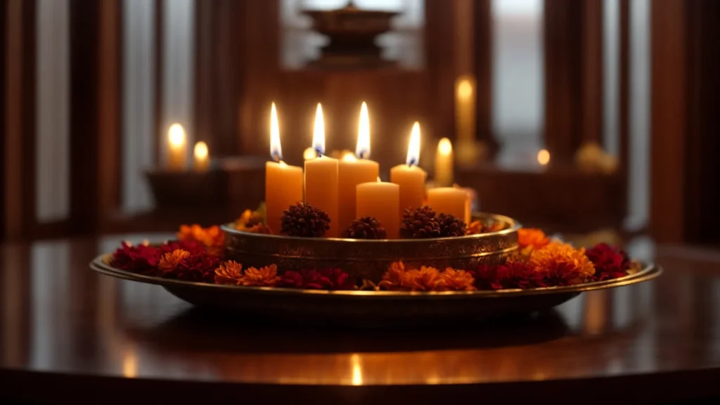 a serene, candlelit altar adorned with fragrant incense and a shimmering, nine-faced rudraksha to represent sacred purification rituals.