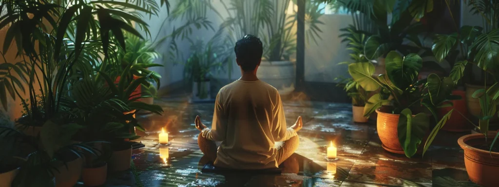 a serene, candlelit room with a gentle stream of soft, warm light illuminating a person meditating peacefully, surrounded by lush green plants for heart coherence practice.