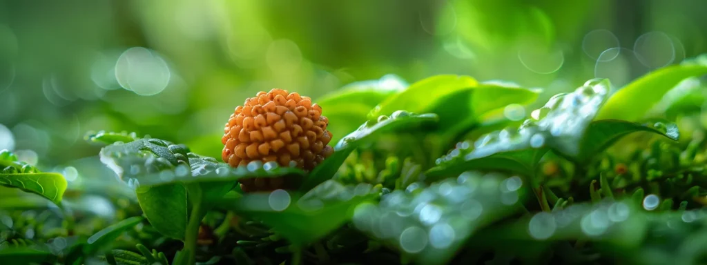 a serene close-up of a shining three-faced rudraksha bead resting on a bed of vibrant green leaves.