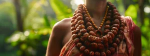 a serene close-up of a person wearing a large, smooth rudraksha bead necklace against a backdrop of nature.