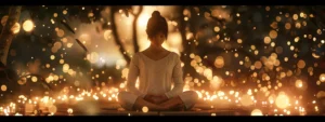 a serene individual surrounded by soft glowing lights, radiating a sense of inner peace and emotional resilience.