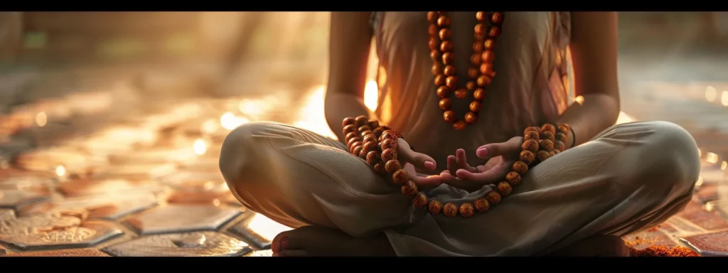 a serene, meditative person wearing a beautiful eleven mukhi rudraksha necklace, surrounded by glowing healing energy.