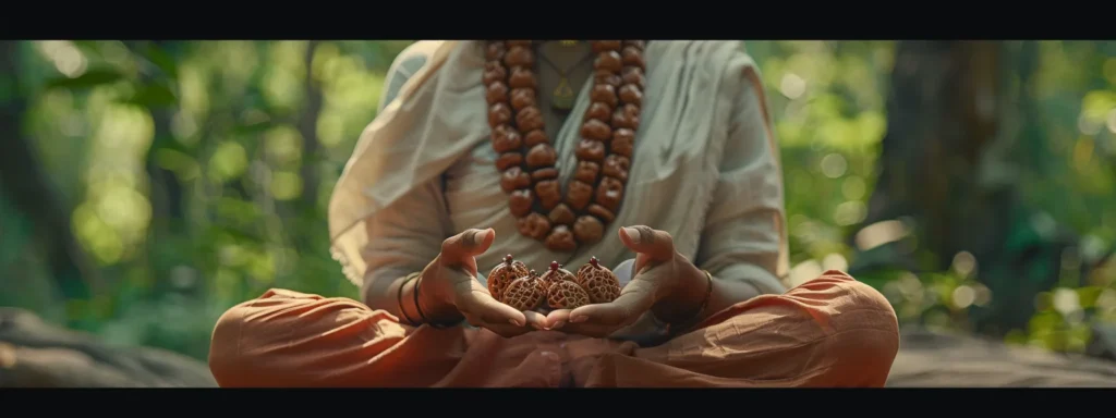 a serene meditator holding a beautiful, large rudraksha bead necklace, surrounded by calming nature.