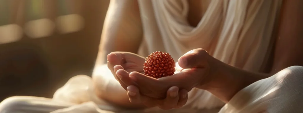 a serene meditator holding a shimmering thirteen mukhi rudraksha bead in hand, surrounded by soft, ethereal light.