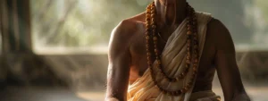 a serene meditator surrounded by a halo of soft light, wearing a four-faced rudraksha bead necklace, radiating inner peace and spiritual growth.